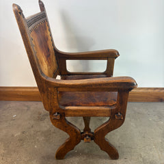 Set of Oak & Aged Leather Arm Chairs with Nail Head Detail & Side Chairs, Sku 033087