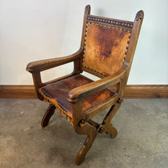 Set of Oak & Aged Leather Arm Chairs with Nail Head Detail & Side Chairs, Sku 033087