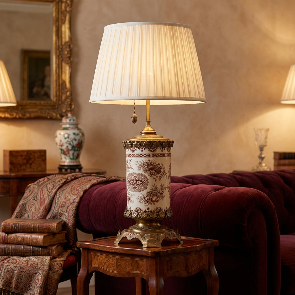 Antique Table Lamp Brown Transferware Porcelain with Elaborate Brass Filagree Detail Double Socket, Sku 034120
