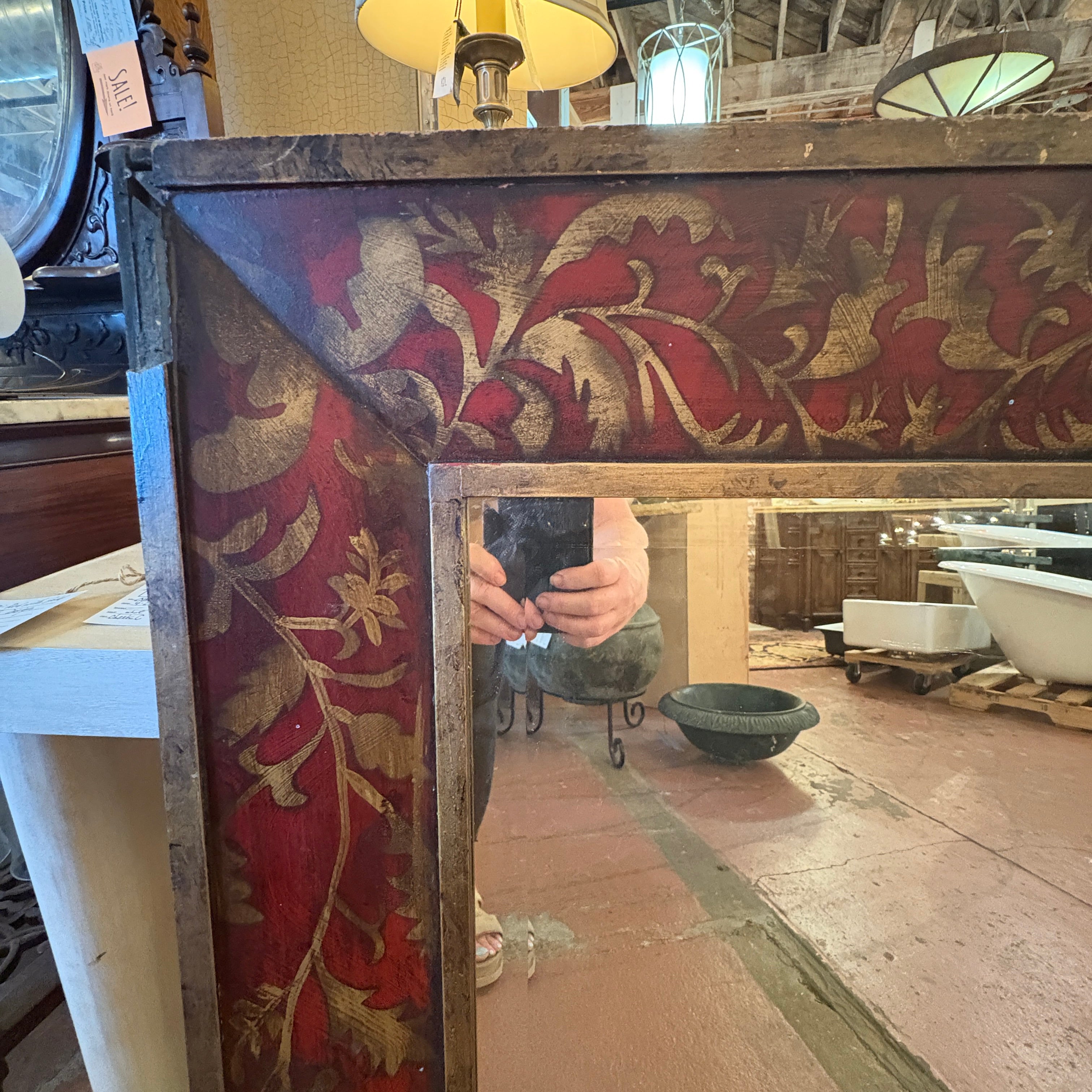 Vintage Mirror Red Oak Leaf Detail, Beveled Glass, Sku 033022