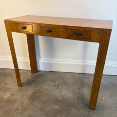 Antique Console Table Burled Wood Triangle Shaped Legs Three Mini Drawers, Sku 034146