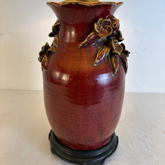 Ceramic Base Table Lamp with Blooms Dark Red Glaze, Shade not Included, Sku 033937