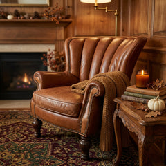 Cognac Leather Chair with Channel Back Nail Head Trim Turned Legs and Rolled Arms, Sku 034127
