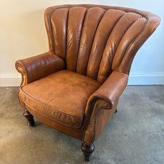 Cognac Leather Chair with Channel Back Nail Head Trim Turned Legs and Rolled Arms, Sku 034127