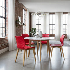Set of 4 Metalmobil Dining Chairs Molded Red Shell, Diamond Pattern on Maple Leg Structure, Sku 033835