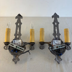 Pair of Wall Sconces by Steven Handelman Studios Double Arm Silver Tone Traditional Style, Sku 034104