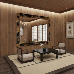 Chinoiserie Rectangular Mirror, Reverse Painted Glass Featuring Figures, Pagodas and Dragons in Gold and Black Color Scheme, Sku 033531