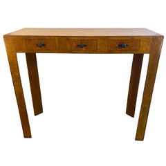 Antique Console Table Burled Wood Triangle Shaped Legs Three Mini Drawers, Sku 034146