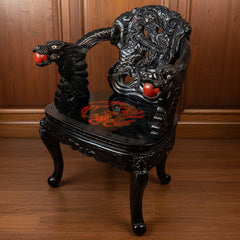 Vintage Japanese Carved Wood, Lacquer Finish Arm Chair, Hand Painted Dragon Motif, Meiji Period, Sku 033517