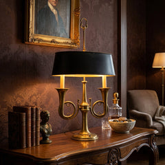 Brass Twin Horn Bouillotte Style Lamp Black Metal Oval Shade with Brass Interior Double Socket, Sku 034148