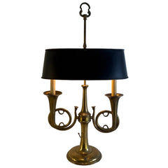 Brass Twin Horn Bouillotte Style Lamp Black Metal Oval Shade with Brass Interior Double Socket, Sku 034148