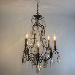 Antique French Six Arm Bronze & Crystal Chandelier w/ Clear & Mocha Colored Crystals, Sku 033733