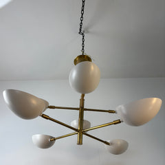 BZ Visual Comfort, Chandelier, 8 Arm Matte Brass Clam Shell, Globes in White Metal,  Sku 033365