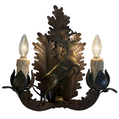 Pair Dana Creek Designs Double Arm Wall Sconce, Rusty Patina, Brass, Deer, Oak Leaf Motif, SKU: 033965