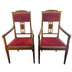 Pair of Early 1900's European Maple Morning Chairs w/ Floral Marquetry Detail, Sku 033776
