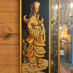 Chinoiserie Rectangular Mirror, Reverse Painted Glass Featuring Figures, Pagodas and Dragons in Gold and Black Color Scheme, Sku 033531