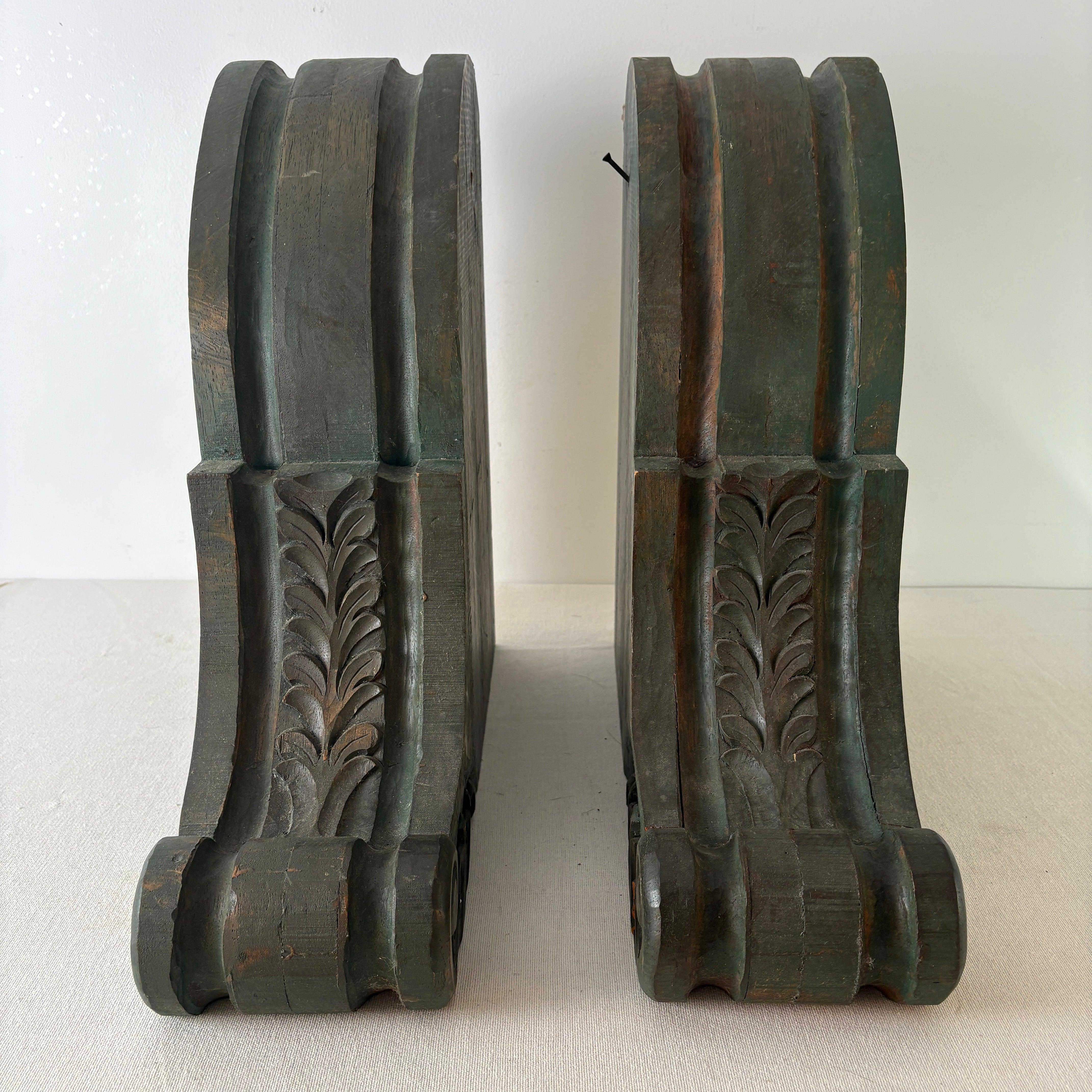 Pair of Wood Corbels, Olive Green with Ornate Acanthus Leaf Design, Sku: 033091