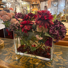 Faux Floral Arrangement Purple & Burgundy Color Story Featuring Dahlia and Hydrangea w/ Clear Glass Rectangular Vessel, Sku 033977