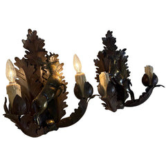 Pair Dana Creek Designs Double Arm Wall Sconce, Rusty Patina, Brass, Deer, Oak Leaf Motif, SKU: 033965