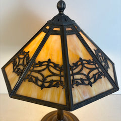 Vintage Slag Glass and Detailed Metal Table Lamp w/ 2 Sockets & Pull Chains, Sku 033820