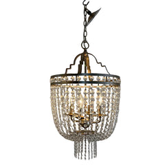 Ethan Allen Basket Chandelier in Silvertone Structure w/ Linked Crystal Coins, Sku 034013
