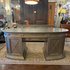 Double Pedestal Desk 3 Top Drawers with 2 Lower Cabinets Soft Silver Finish with Pale Gold Trim, Sku 033625