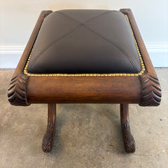 Mahogany & Leather Footstool w/ Nailhead Trim, Sku 033845