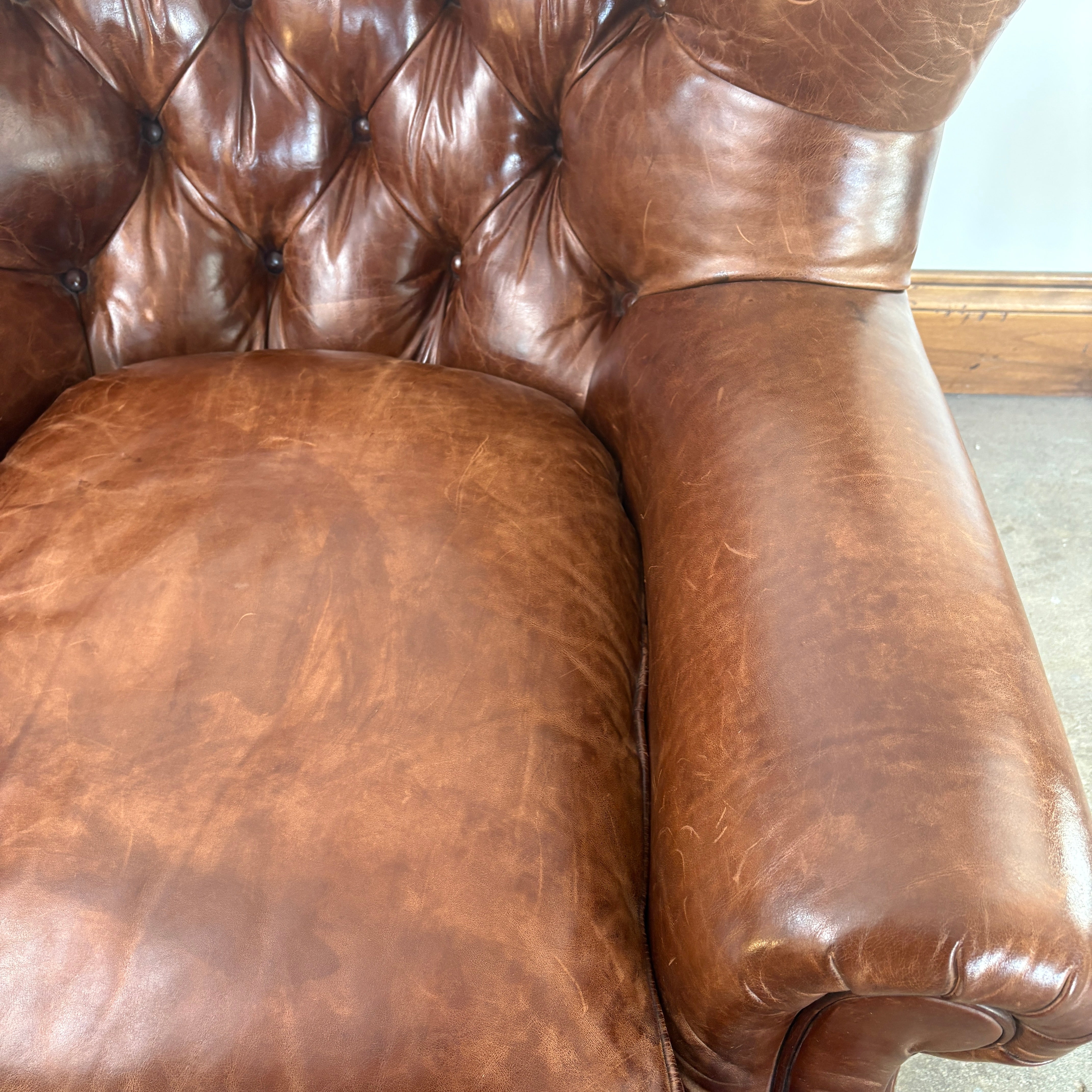 Ralph Lauren Leather Tufted Back Arm Chair with Bun Feet and XL Nail Head Detail, Sku 033075