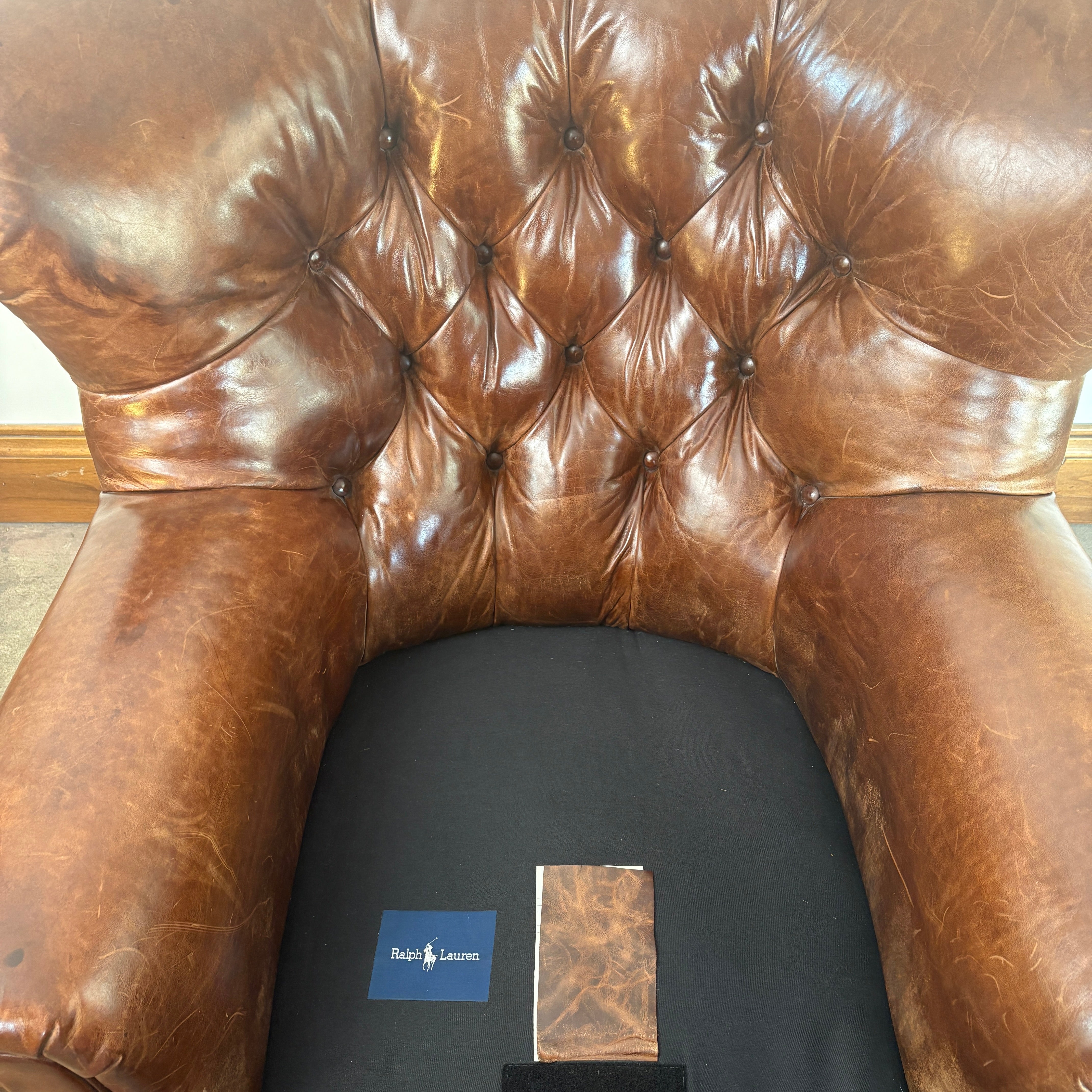 Ralph Lauren Leather Tufted Back Arm Chair with Bun Feet and XL Nail Head Detail, Sku 033075