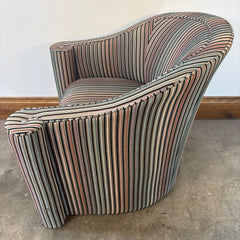 Pair of Vintage Casa Bique Neo Classical Style Arm Chairs, Cut Velvet Striped Upholstery Black, Beige, Blush, Aqua, Scrolled Arm Detail,  Great Condition, Chairish Price $1810 Each, Sku 033475