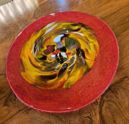 Art Glass Disk/Shallow Bowl: Red, Yellow, Multi Colors, sku: 032951