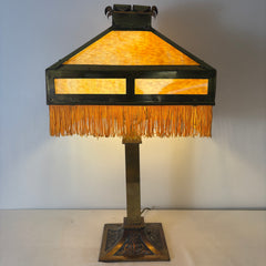 Art Deco Stained Glass and Brass Table Lamp, Square Shade, Gold Tassel Fringe, Sku 033456