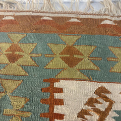 Kilim, Wool in Terracotta, Cream, Aqua, Sea Foam Green, Medium Size, Sku: 033438