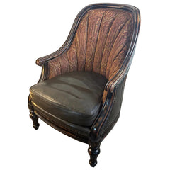 Pair of Vanguard Leather & Paisley Fabric Club Chairs w/ Nailhead Detail & Ebonized Finish, Sku 033715