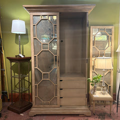 Wood and Smoked MIrror Armoire Rustic Taupe Finish with Octagonal Motif Interior Contains 3 Drawers and Open Shelving, Sku 034089