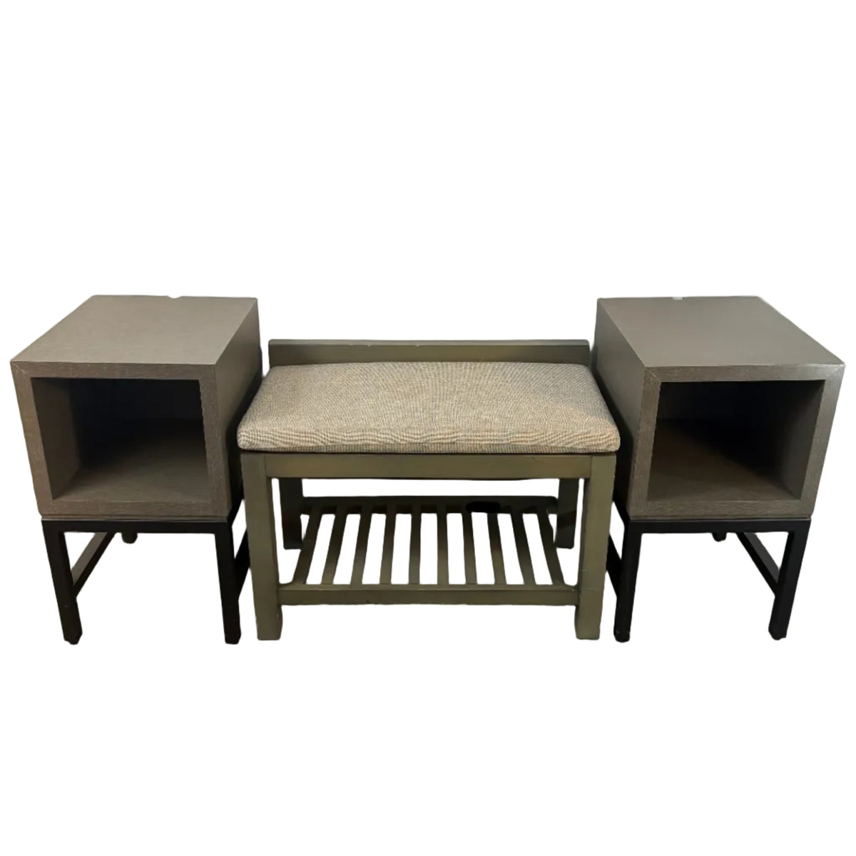 Set of Wood Bench & Two Side Tables With Shelf, Gray Green, Sku: 033385