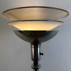 Gilbert Rode MCM Chrome/Cocoa Brown Art Deco Machine Age Torchiere, Mutual Sunset Lamp Co 1934, Sku 034028
