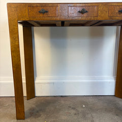 Antique Console Table Burled Wood Triangle Shaped Legs Three Mini Drawers, Sku 034146