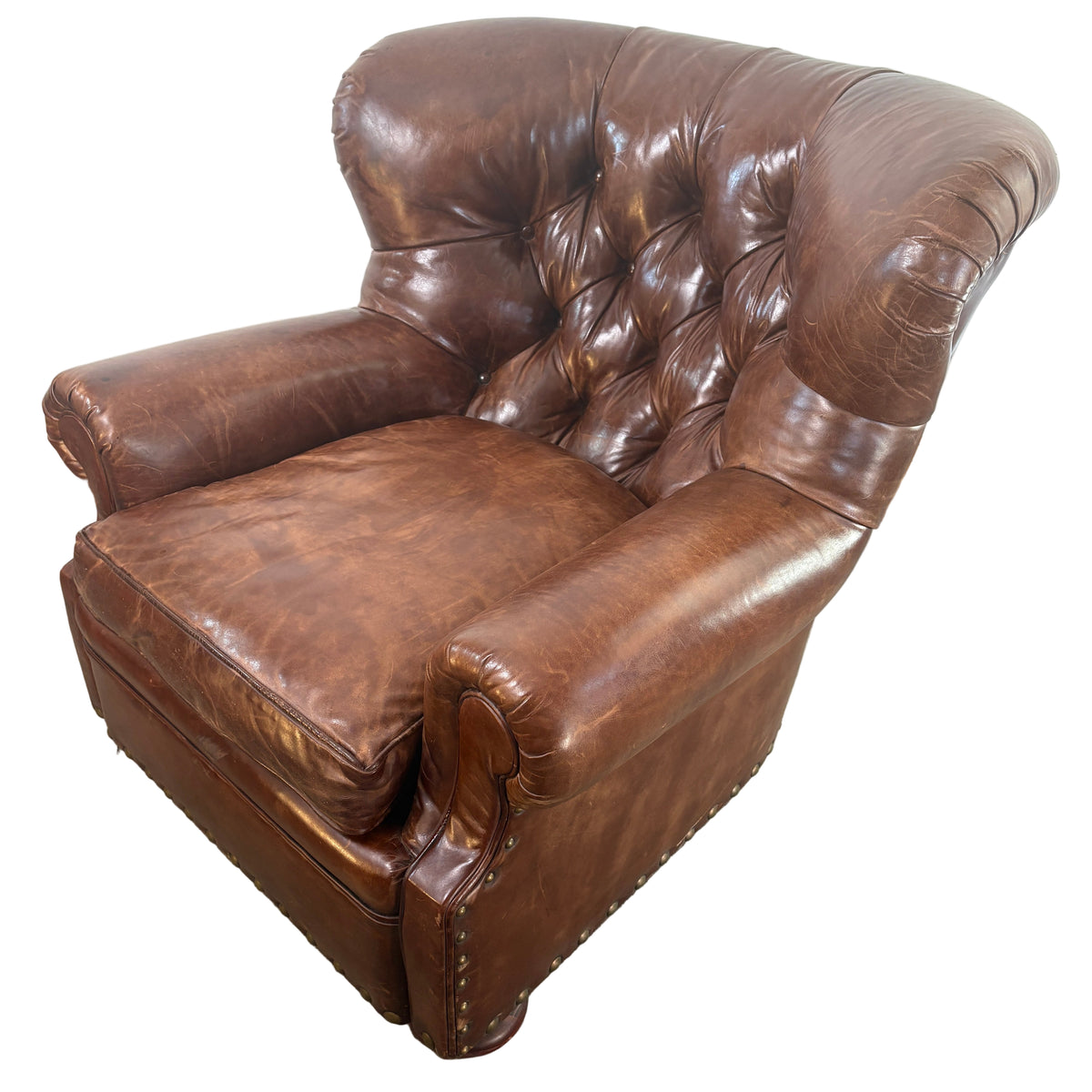 Ralph Lauren Leather Tufted Back Arm Chair with Bun Feet and XL Nail Head Detail, Sku 033075