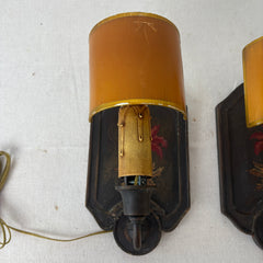 Pair of Sconces, Wood Base w/ Hand Painted Burgundy Flowers & Half Moon Paper Shade