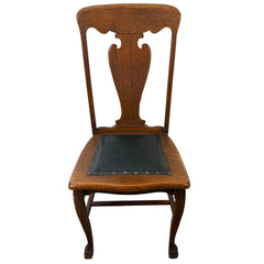 Antique Oak Side Chair, Black Leather Seat Cushion, Claw Feet, Urn Style Back Rest, Sku: 033528