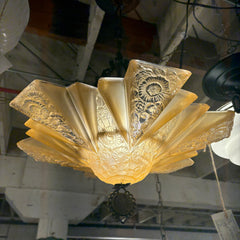 1930's Art Deco Honey Colored Pressed Glass One Light Pendant with Elaborate Brass Work, 034085