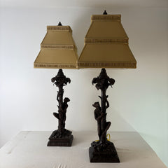 Pair of Bronze Table Lamps w/ Palm Tree & Monkeys, Beige Silk & Pleated Shade, Sku 033089