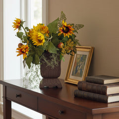Faux Floral Arrangement Yellow Dahlias & Sunflowers in Sand Resin Urn, Sku 033980