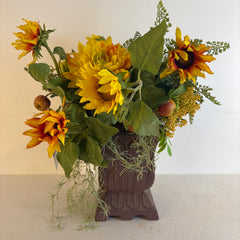 Faux Floral Arrangement Yellow Dahlias & Sunflowers in Sand Resin Urn, Sku 033980
