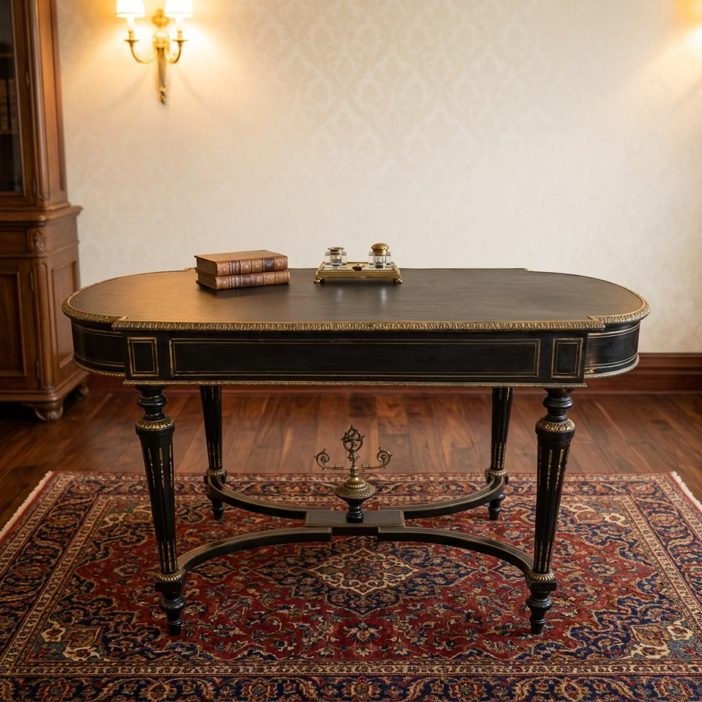Black & Gold Italian Desk, Leather Top, Pencil Drawer, Elaborate Detailing, Base Stretcher, Finial Detail, Sku 034059