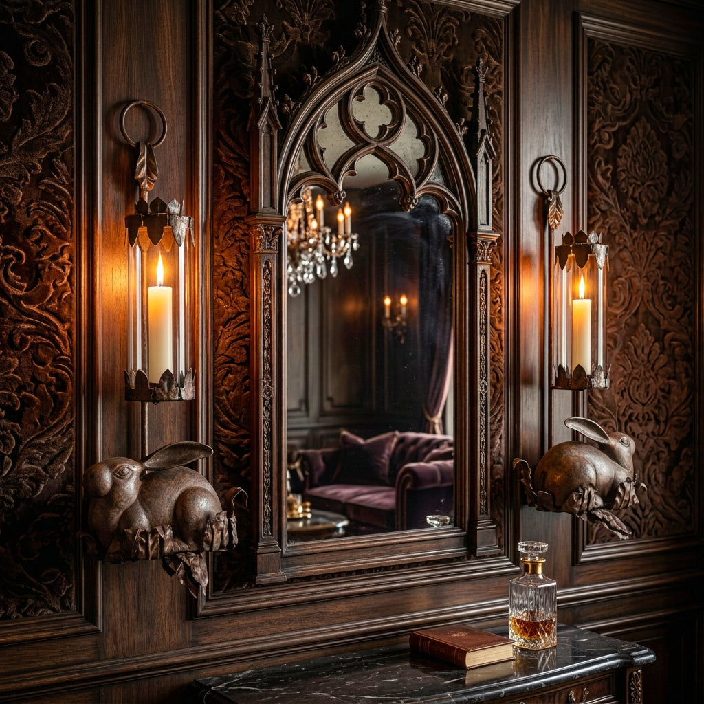 Pair of Vintage Cast Iron Rabbit Candlestick Sconces, Sku 034066