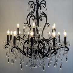 Large Black Wrought Iron Chandelier with Tear Crystals, Sku 033958