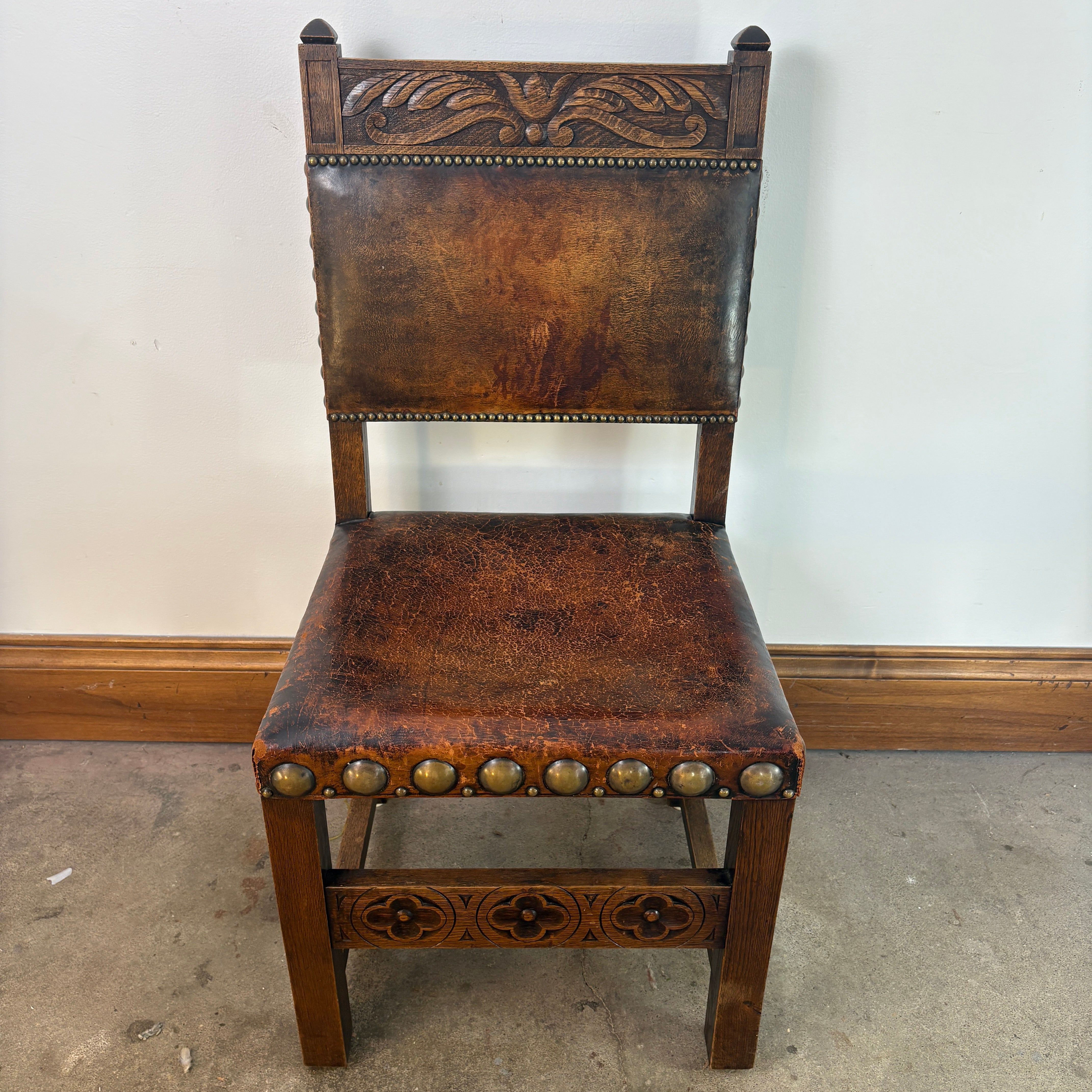 Set of Oak & Aged Leather Arm Chairs with Nail Head Detail & Side Chairs, Sku 033087