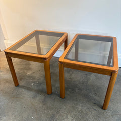 Made in Denmark Pair of Teak Side Tables with Smoked Glass Insert, Sku 034109